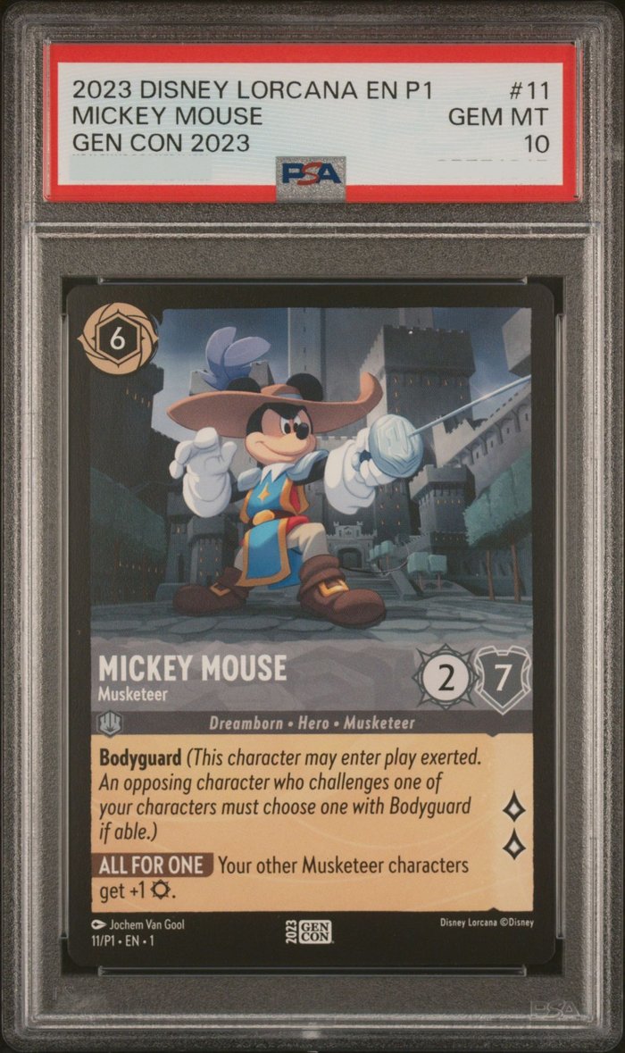 Sanitized PSA 10 slab of Gen Con 2023 Mickey Mouse – Musketeer (11/P1); certification number and barcodes redacted