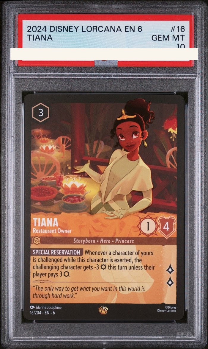 Sanitized PSA 10 slab of Tiana – Restaurant Owner (16/204); certification number and barcodes redacted