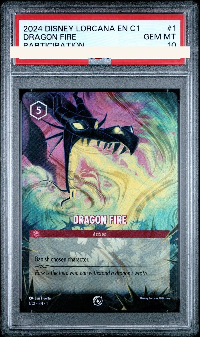Sanitized PSA 10 slab of Dragon Fire (1/C1); certification number and barcodes redacted