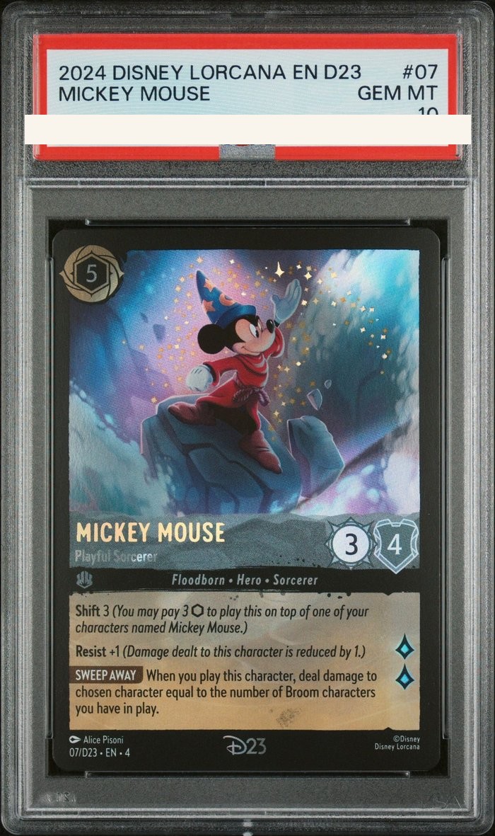 Sanitized PSA 10 slab of Mickey Mouse – Playful Sorcerer (7/D23); certification number and barcodes redacted