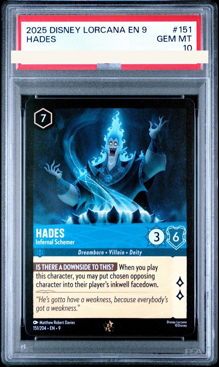 Sanitized PSA 10 slab of Hades – Infernal Schemer (151/204); certification number and barcodes redacted
