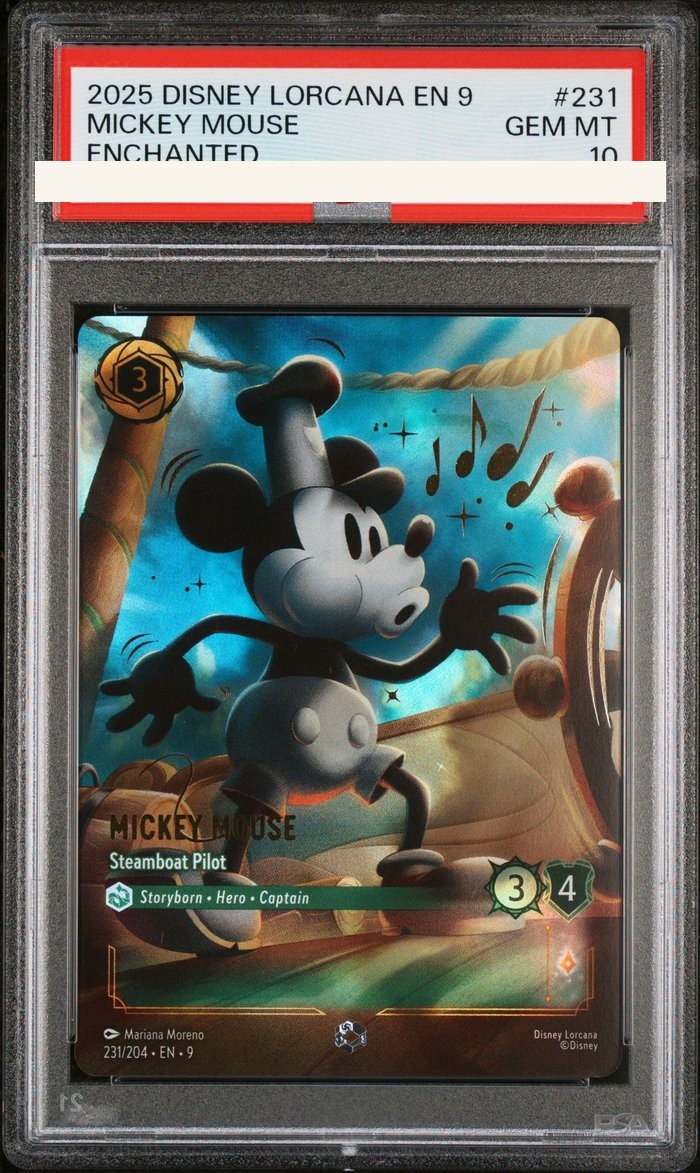Sanitized PSA 10 slab of Mickey Mouse – Steamboat Pilot (231/204); certification number and barcodes redacted