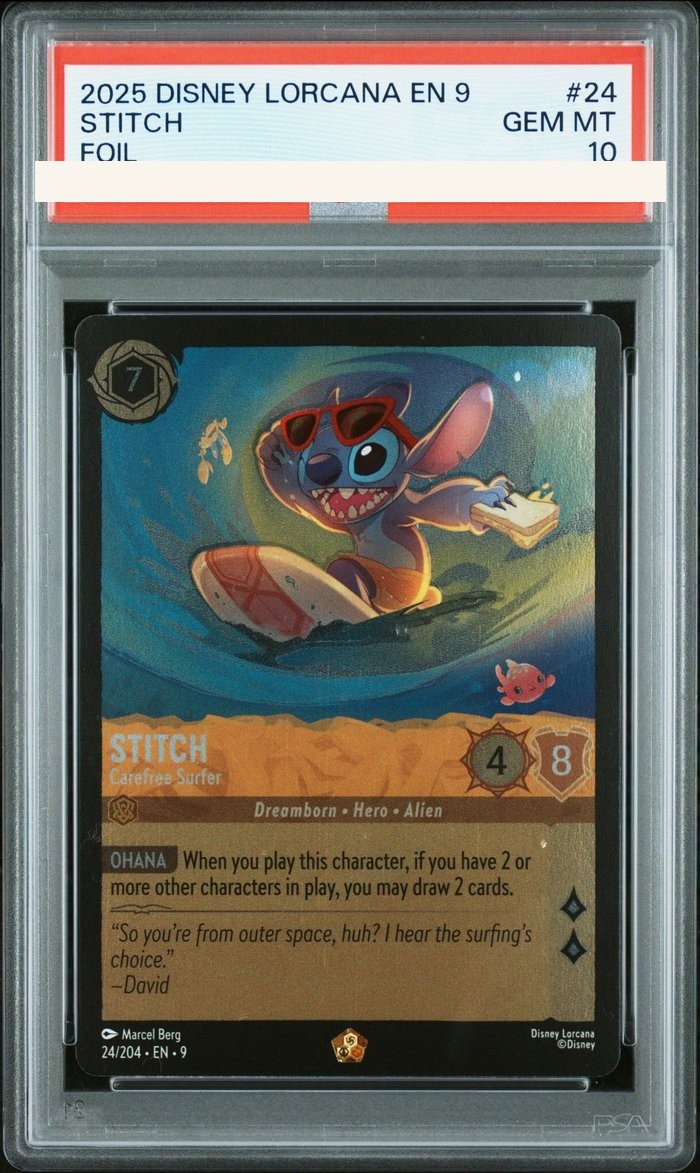 Sanitized PSA 10 slab of Stitch – Carefree Surfer (24/204); certification number and barcodes redacted