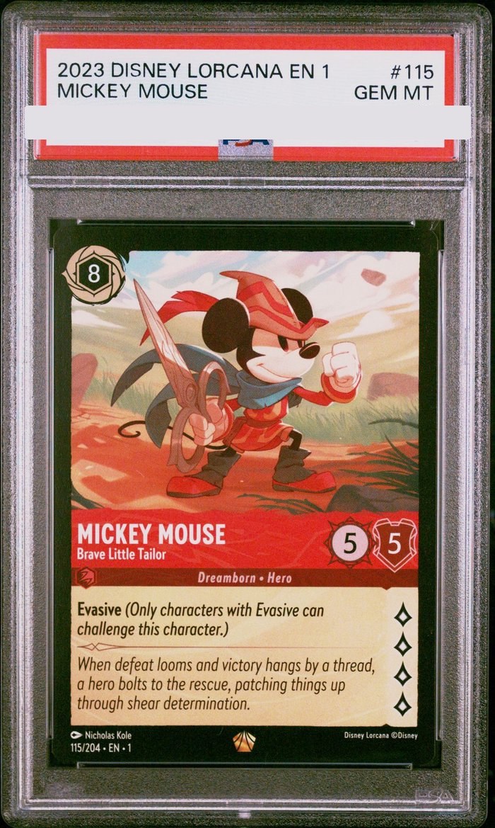 Sanitized PSA 10 slab of The First Chapter Mickey Mouse – Brave Little Tailor (115/204); certification number and barcodes redacted