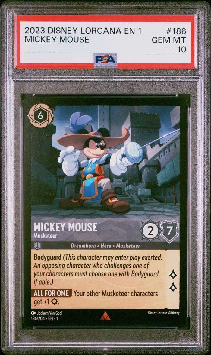 Sanitized PSA 10 slab of The First Chapter Mickey Mouse – Musketeer (186/204); certification number and barcodes redacted