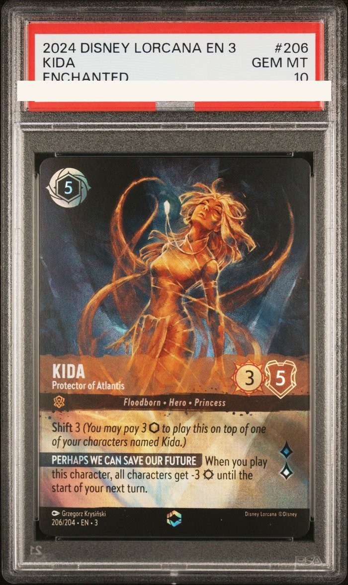 Sanitized PSA 10 slab of Kida – Protector of Atlantis (206/204); certification number and barcodes redacted