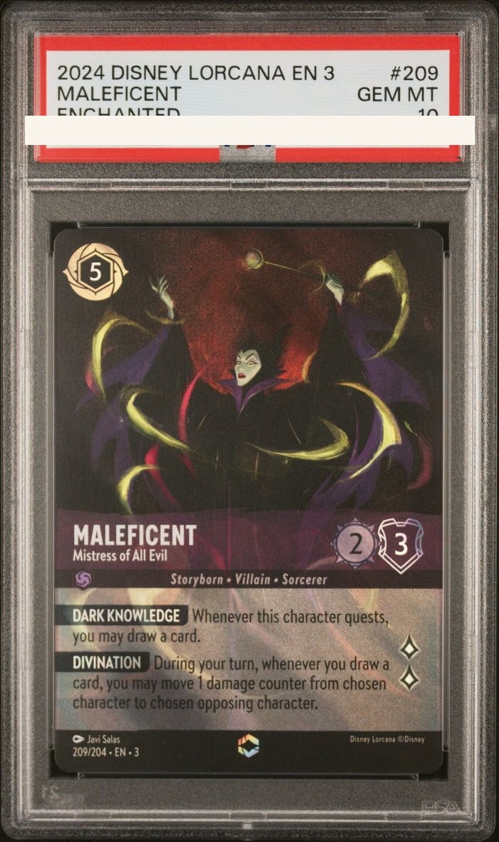 Sanitized PSA 10 slab of Maleficent – Mistress of All Evil (209/204); certification number and barcodes redacted