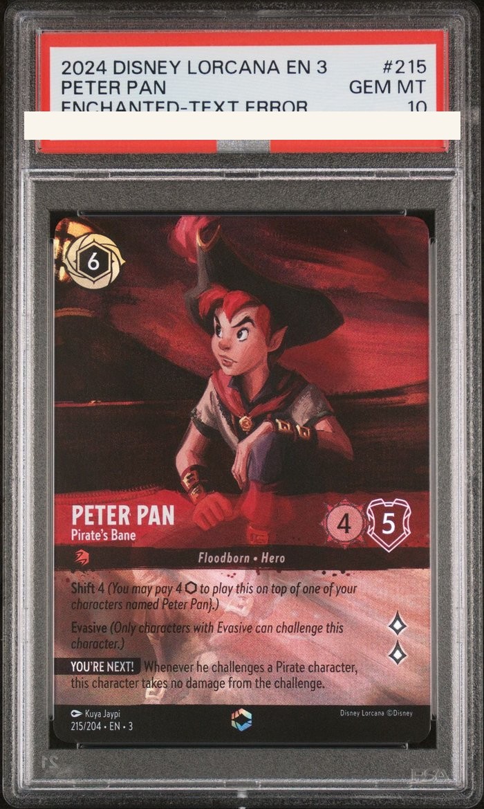 Sanitized PSA 10 slab of Peter Pan – Pirate's Bane (215/204); certification number and barcodes redacted