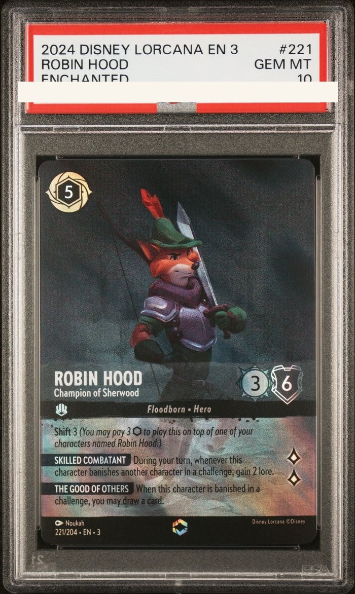 Sanitized PSA 10 slab of Robin Hood – Champion of Sherwood (221/204); certification number and barcodes redacted