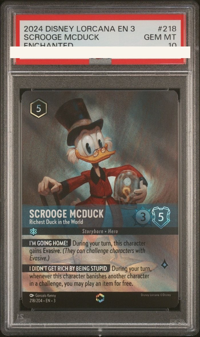 Sanitized PSA 10 slab of Scrooge McDuck – Richest Duck in the World (218/204); certification number and barcodes redacted