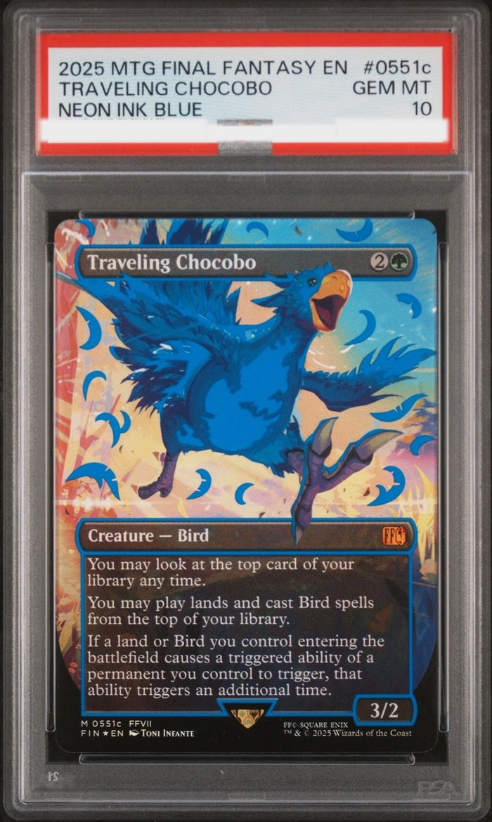 Sanitized PSA 10 slab of Traveling Chocobo neon ink blue (FIN #551c); certification number and barcodes redacted