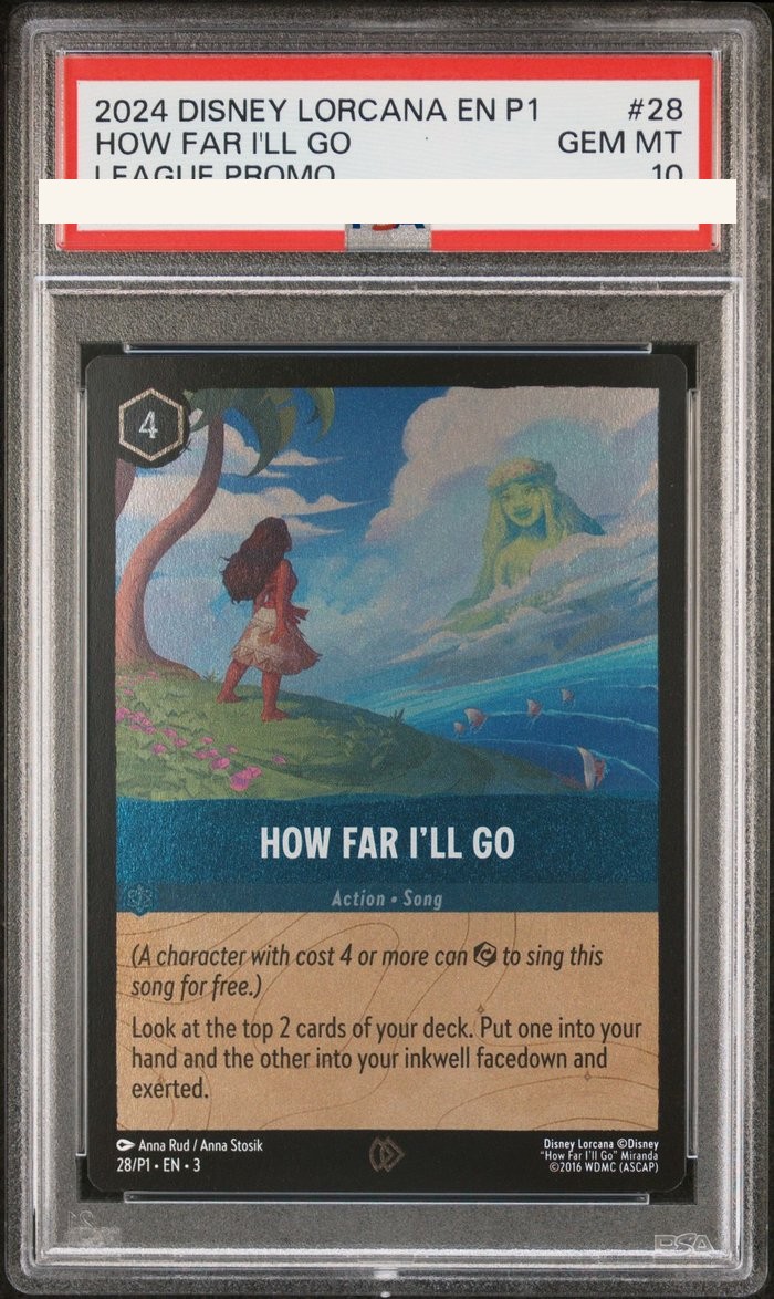 Sanitized PSA 10 slab of How Far I’ll Go (28/P1); certification number and barcodes redacted
