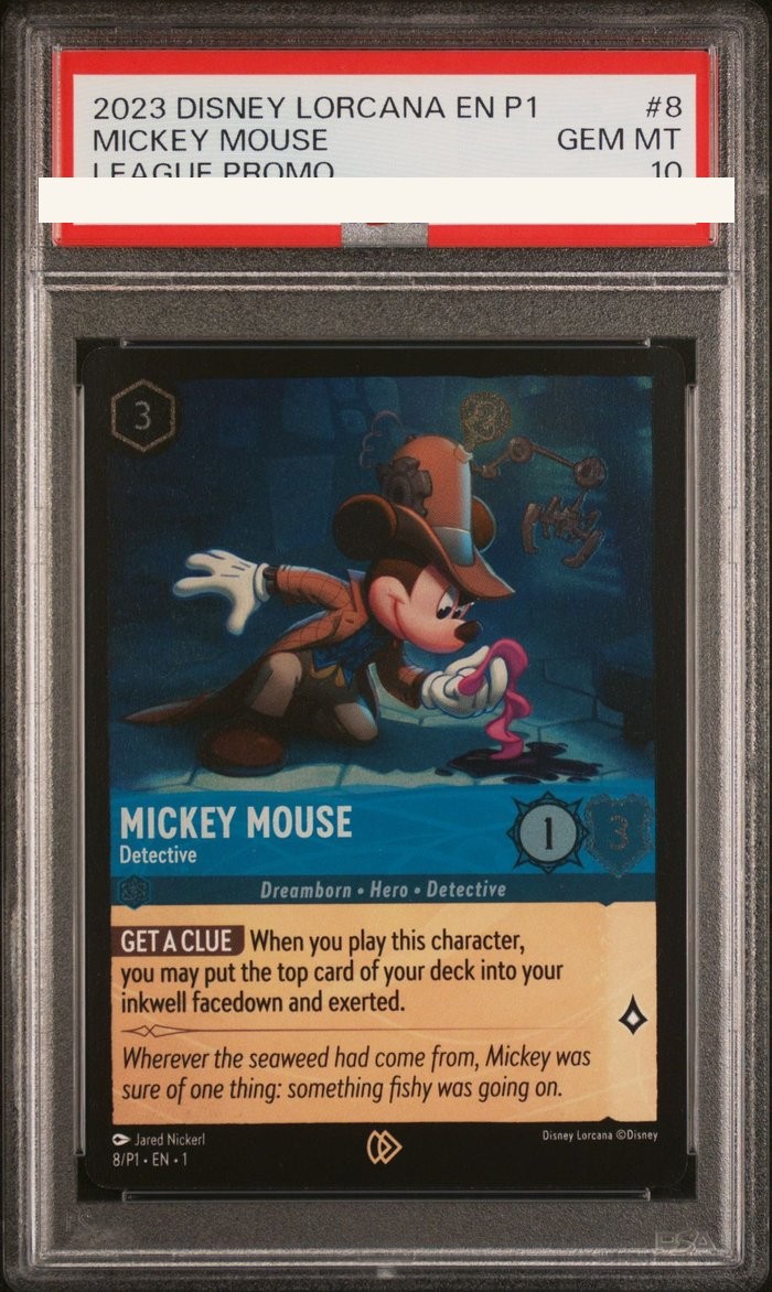 Sanitized PSA 10 slab of Mickey Mouse – Detective (8/P1); certification number and barcodes redacted