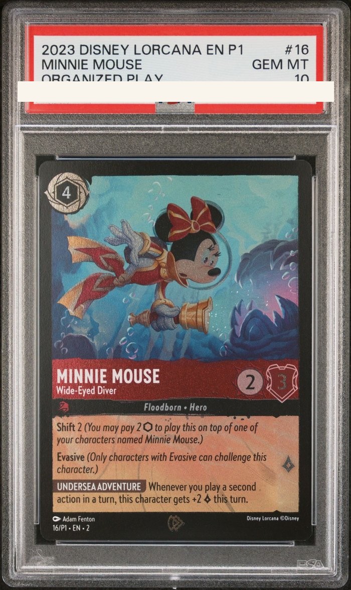 Sanitized PSA 10 slab of Minnie Mouse – Wide-Eyed Diver (16/P1); certification number and barcodes redacted