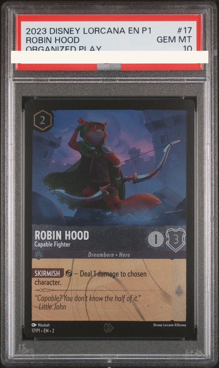Sanitized PSA 10 slab of Robin Hood – Capable Fighter (17/P1); certification number and barcodes redacted