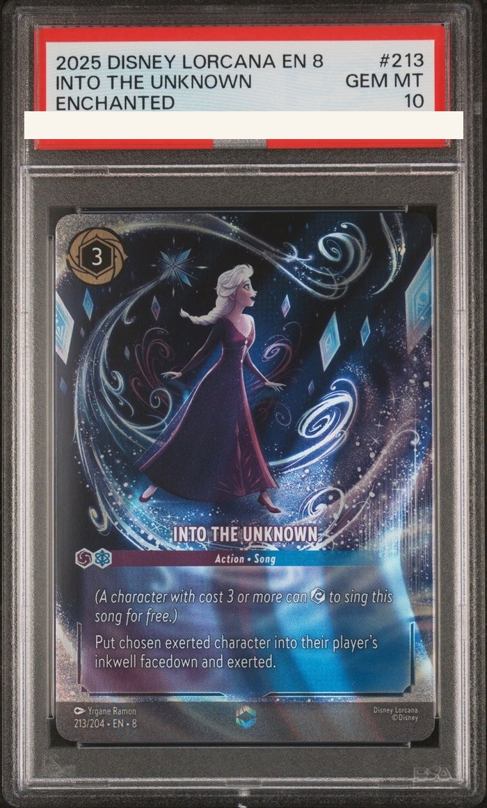 Sanitized PSA 10 slab of Into the Unknown (213/204); certification number and barcodes redacted