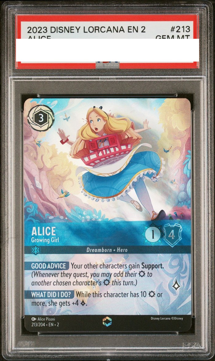 Sanitized PSA 10 slab of Alice – Growing Girl (213/204); certification number and barcodes redacted
