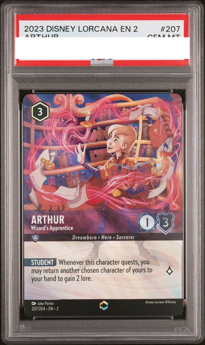 Sanitized PSA 10 slab of Arthur – Wizard's Apprentice (207/204); certification number and barcodes redacted