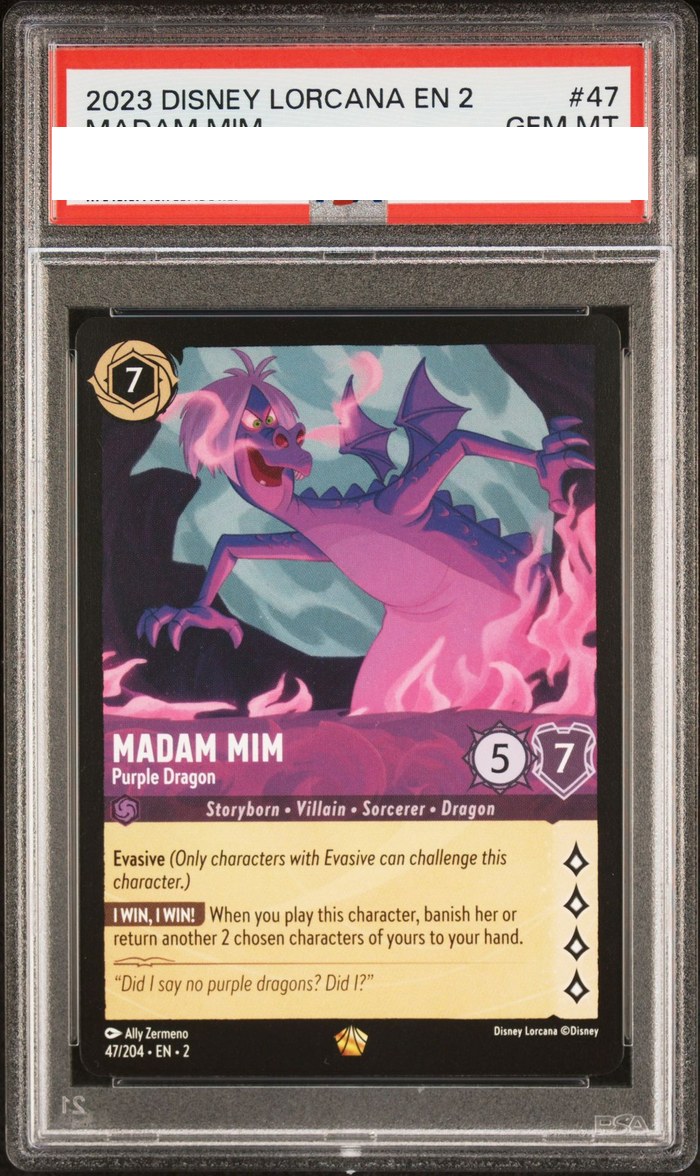 Sanitized PSA 10 slab of Madam Mim – Purple Dragon (47/204); certification number and barcodes redacted