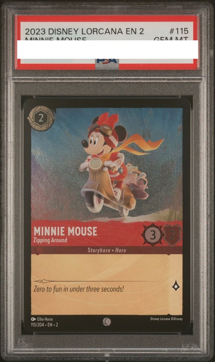 Sanitized PSA 10 slab of Minnie Mouse – Zipping Around (115/204); certification number and barcodes redacted