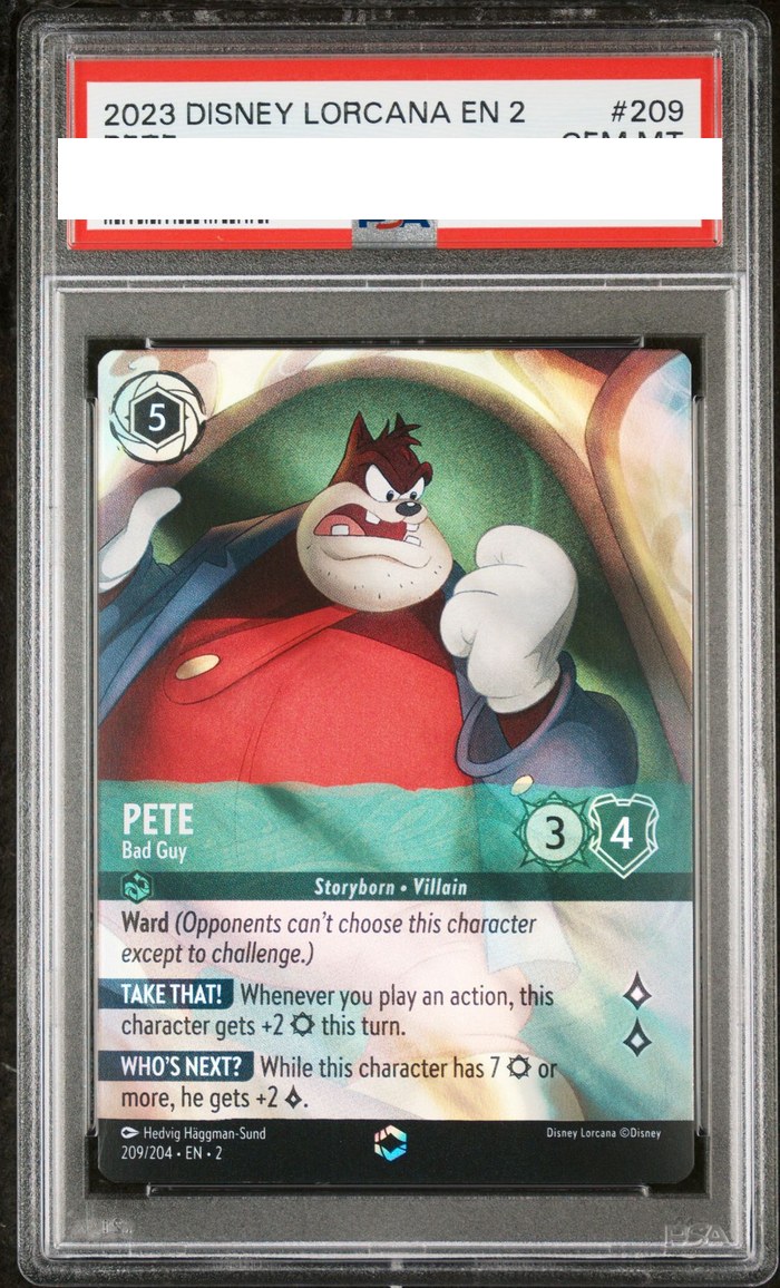 Sanitized PSA 10 slab of Pete – Bad Guy (209/204); certification number and barcodes redacted