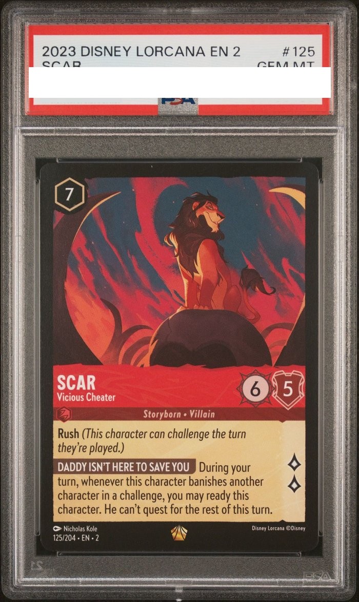 Sanitized PSA 10 slab of Scar – Vicious Cheater (125/204); certification number and barcodes redacted