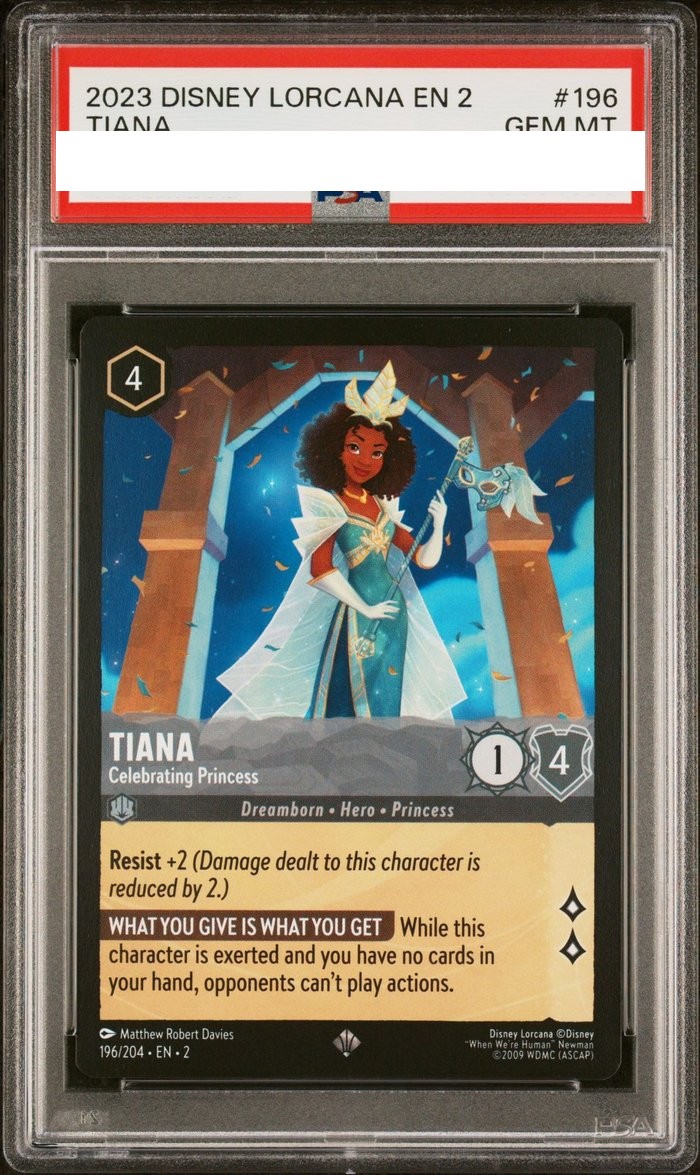 Sanitized PSA 10 slab of Tiana – Celebrating Princess (196/204); certification number and barcodes redacted