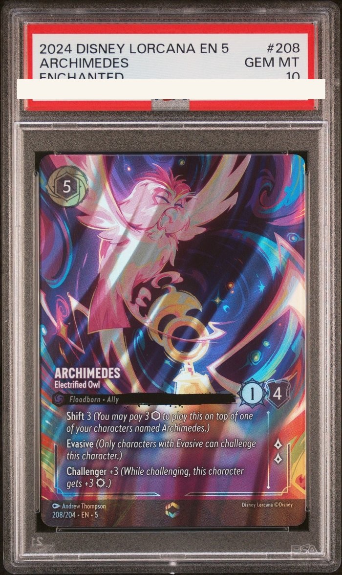 Sanitized PSA 10 slab of Archimedes – Electrified Owl (208/204); certification number and barcodes redacted