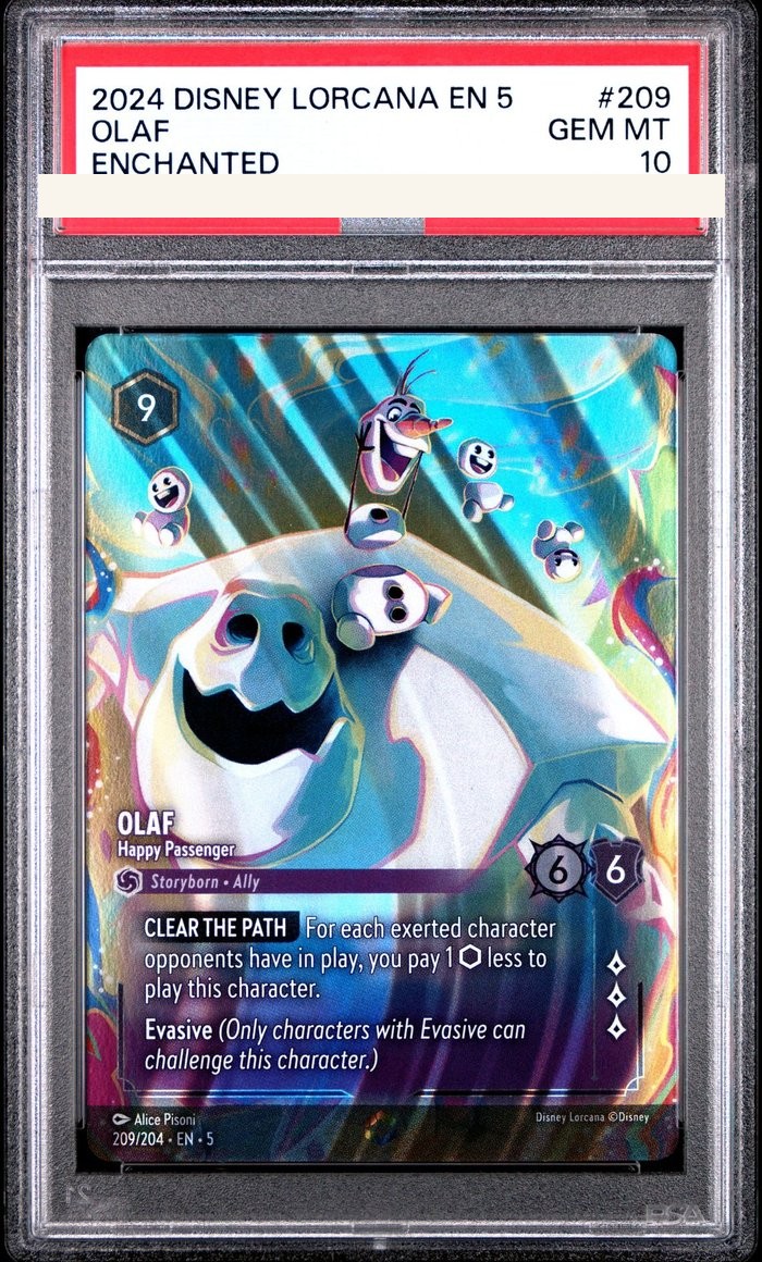 Sanitized PSA 10 slab of Olaf – Happy Passenger (209/204); certification number and barcodes redacted