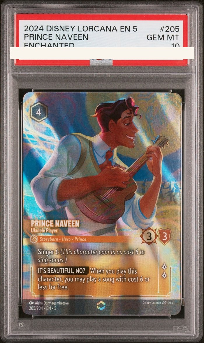 Sanitized PSA 10 slab of Prince Naveen – Ukulele Player (205/204); certification number and barcodes redacted