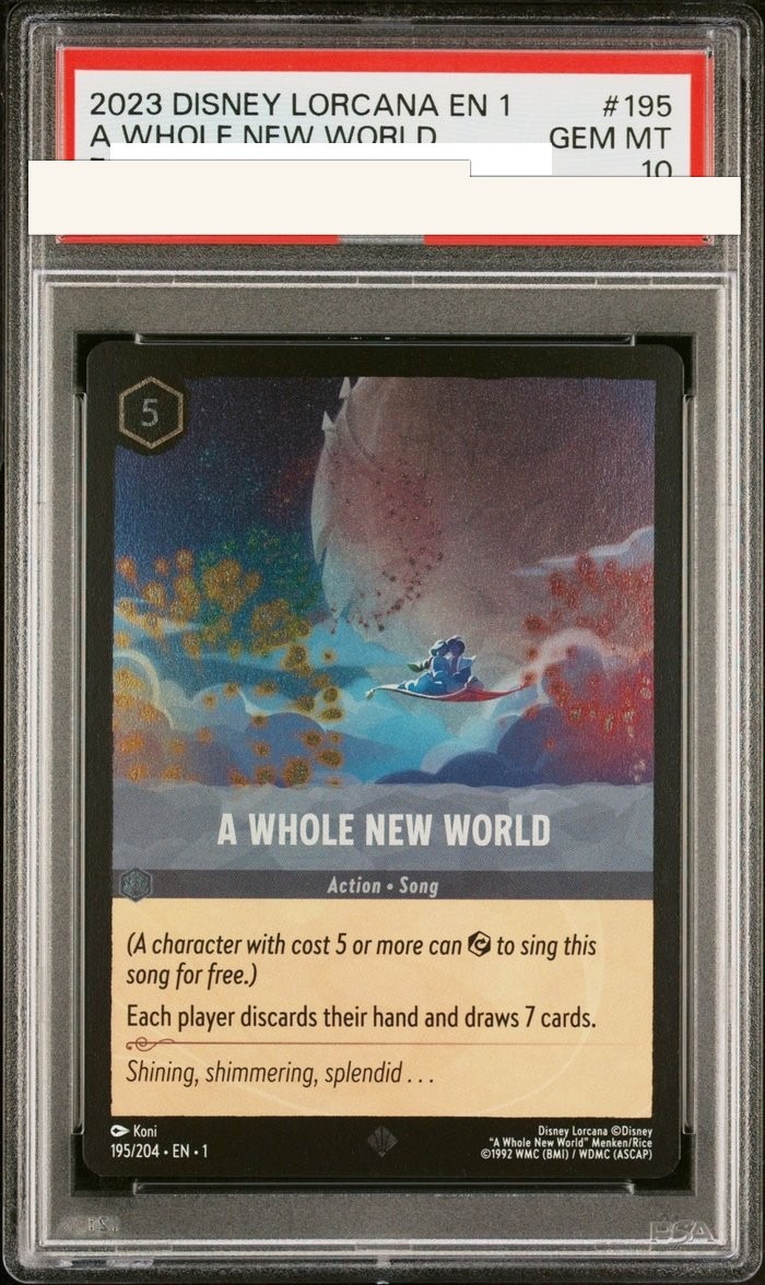 Sanitized PSA 10 slab of A Whole New World (195/204); certification number and barcodes redacted