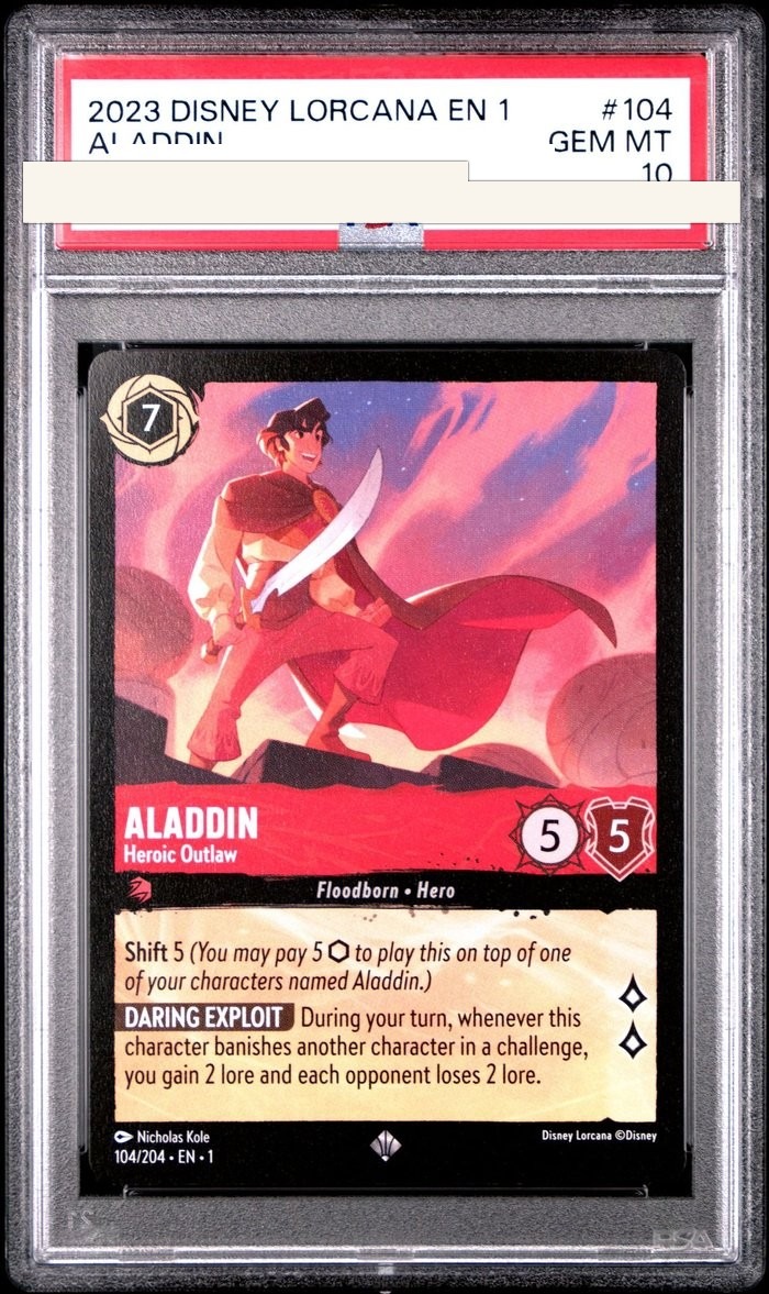 Sanitized PSA 10 slab of Aladdin – Heroic Outlaw (104/204); certification number and barcodes redacted