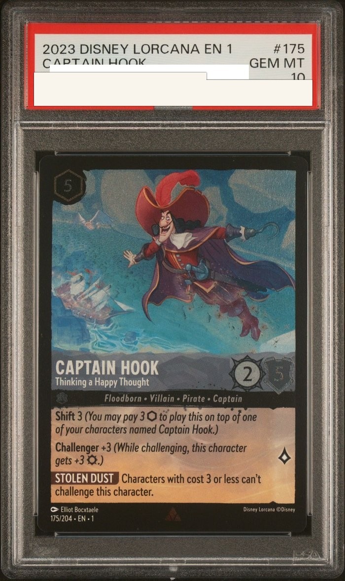 Sanitized PSA 10 slab of Captain Hook – Thinking a Happy Thought (175/204); certification number and barcodes redacted