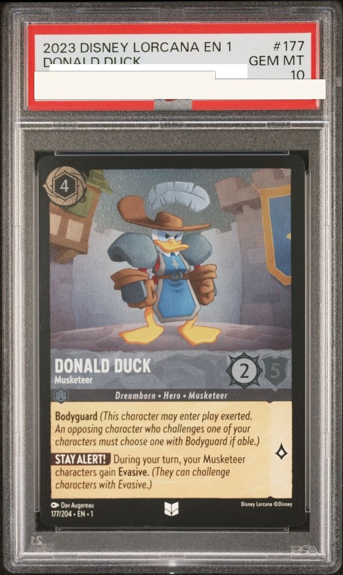Sanitized PSA 10 slab of Donald Duck – Musketeer (177/204); certification number and barcodes redacted