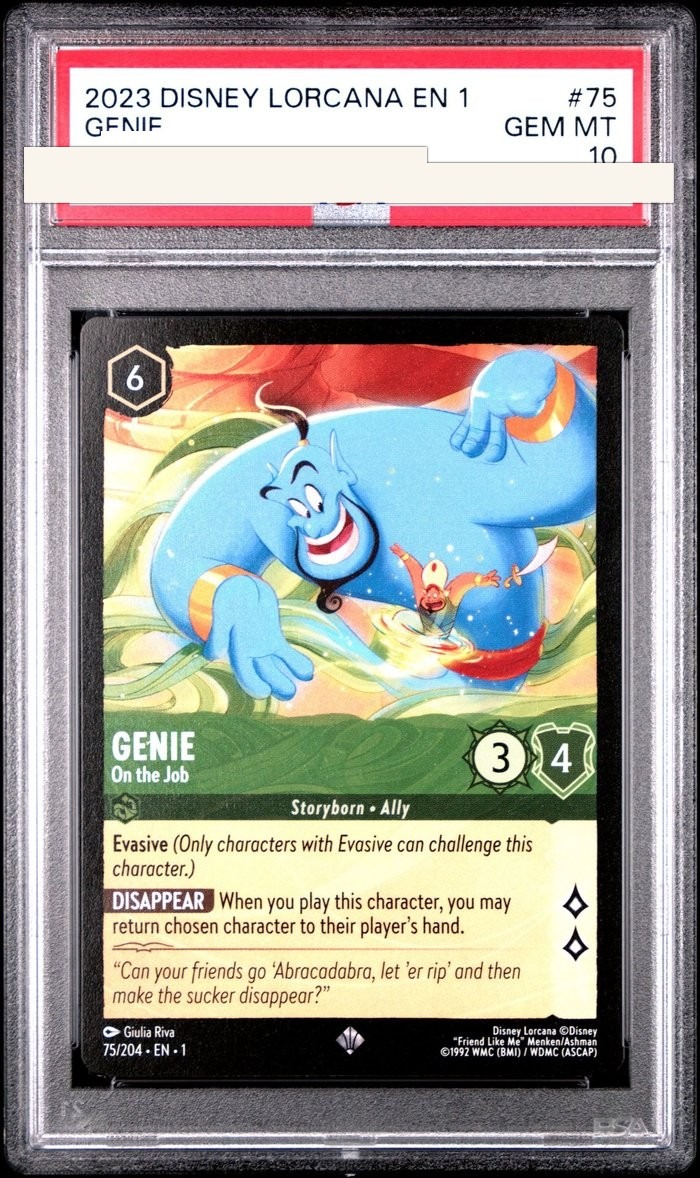 Sanitized PSA 10 slab of Genie – On the Job (75/204); certification number and barcodes redacted