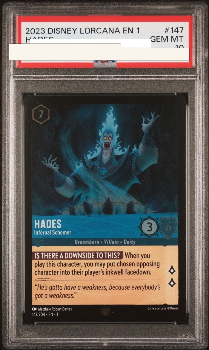 Sanitized PSA 10 slab of Hades – Infernal Schemer (147/204); certification number and barcodes redacted