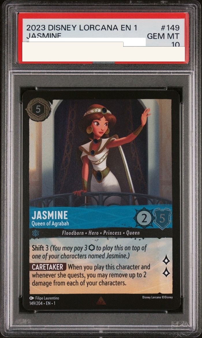 Sanitized PSA 10 slab of Jasmine – Queen of Agrabah (149/204); certification number and barcodes redacted