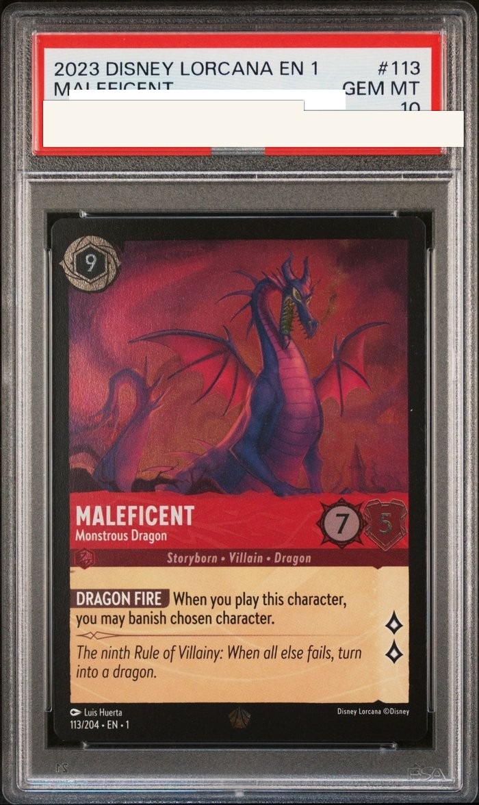 Sanitized PSA 10 slab of Maleficent – Monstrous Dragon (113/204); certification number and barcodes redacted