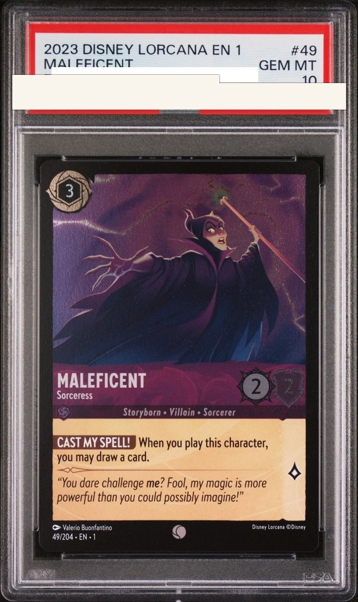 Sanitized PSA 10 slab of Maleficent – Sorceress (49/204); certification number and barcodes redacted