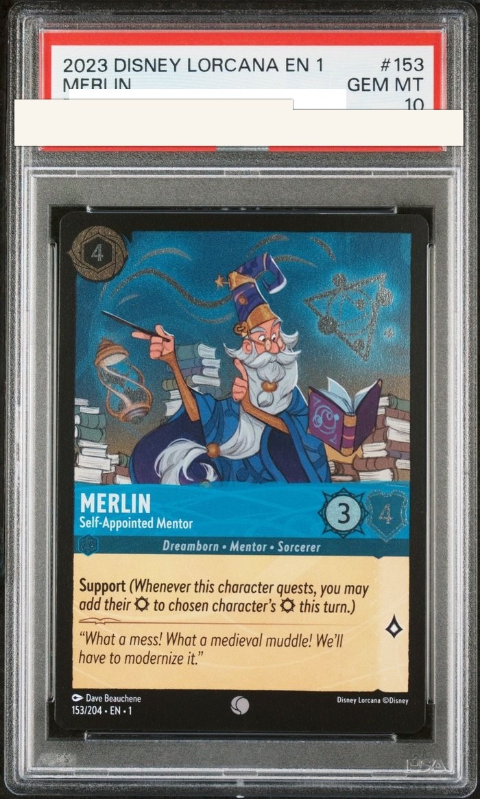 Sanitized PSA 10 slab of Merlin – Self-Appointed Mentor (153/204); certification number and barcodes redacted