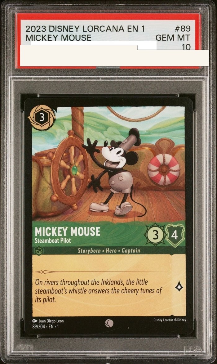 Sanitized PSA 10 slab of Mickey Mouse – Steamboat Pilot (89/204); certification number and barcodes redacted