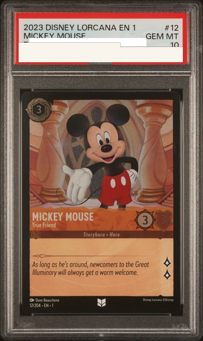 Sanitized PSA 10 slab of Mickey Mouse – True Friend (12/204); certification number and barcodes redacted