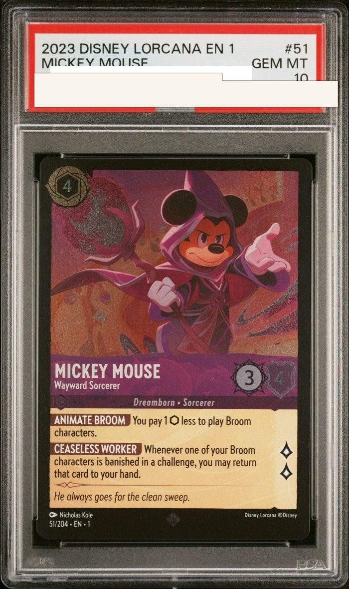 Sanitized PSA 10 slab of Mickey Mouse – Wayward Sorcerer (51/204); certification number and barcodes redacted