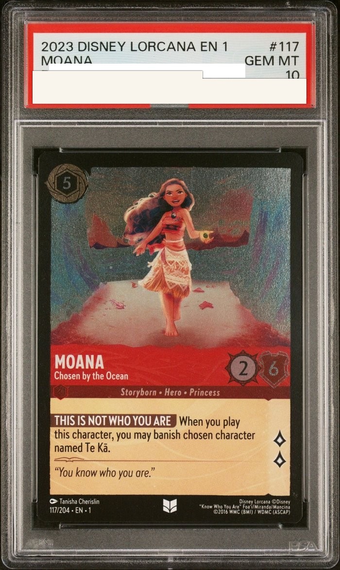 Sanitized PSA 10 slab of Moana – Chosen by the Ocean (117/204); certification number and barcodes redacted