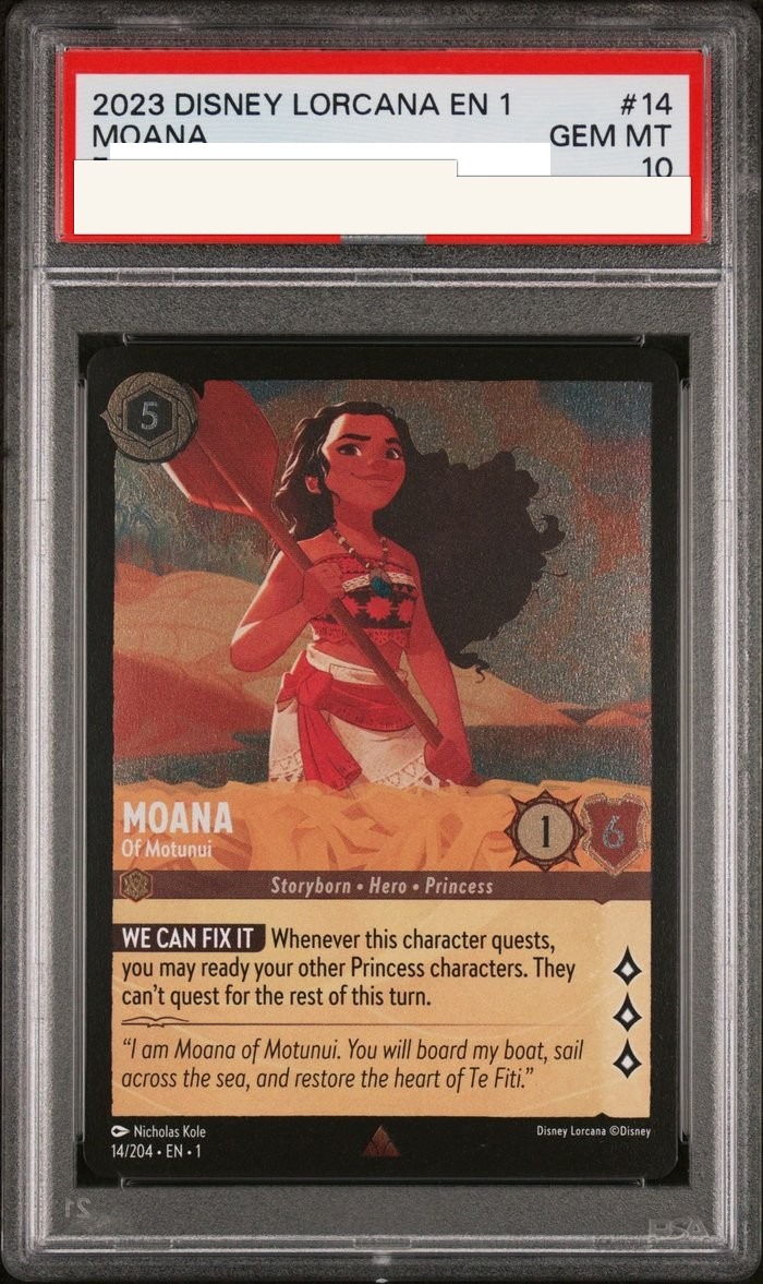 Sanitized PSA 10 slab of Moana – Of Motunui (14/204); certification number and barcodes redacted