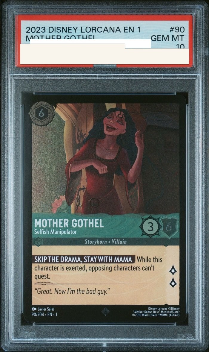 Sanitized PSA 10 slab of Mother Gothel – Selfish Manipulator (90/204); certification number and barcodes redacted