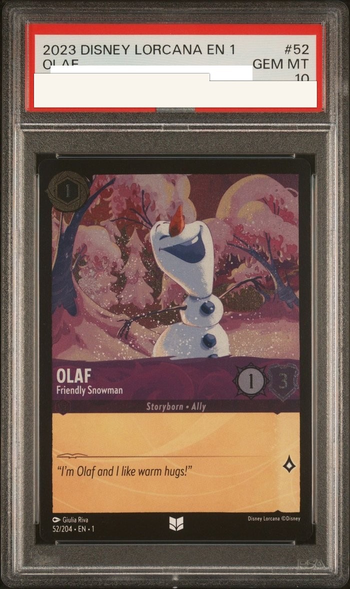 Sanitized PSA 10 slab of Olaf – Friendly Snowman (52/204); certification number and barcodes redacted