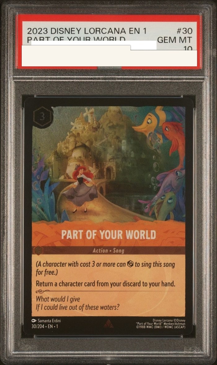 Sanitized PSA 10 slab of Part of Your World (30/204); certification number and barcodes redacted