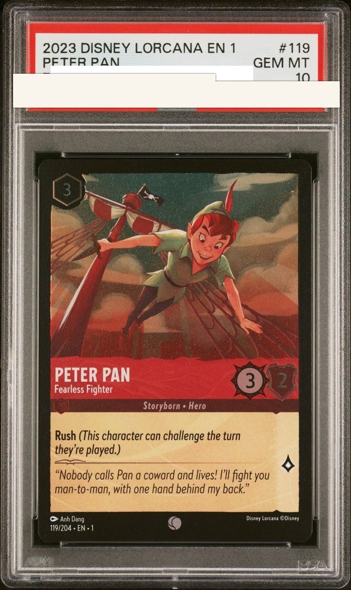 Sanitized PSA 10 slab of Peter Pan – Fearless Fighter (119/204); certification number and barcodes redacted