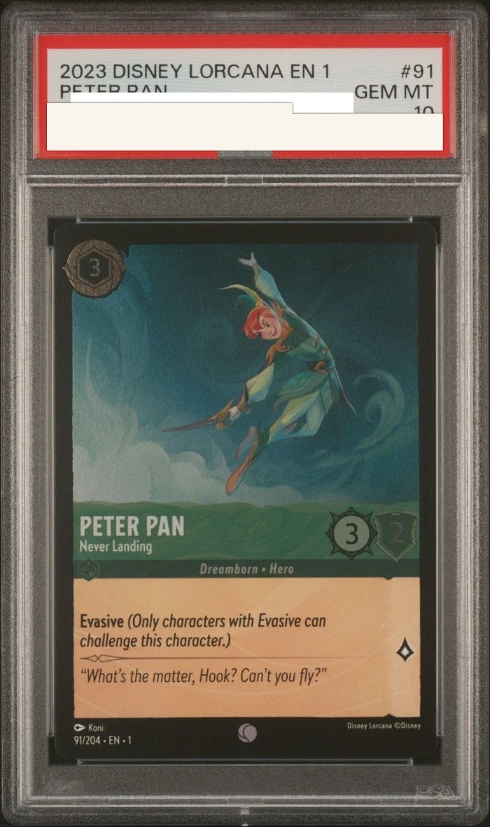 Sanitized PSA 10 slab of Peter Pan – Never Landing (91/204); certification number and barcodes redacted
